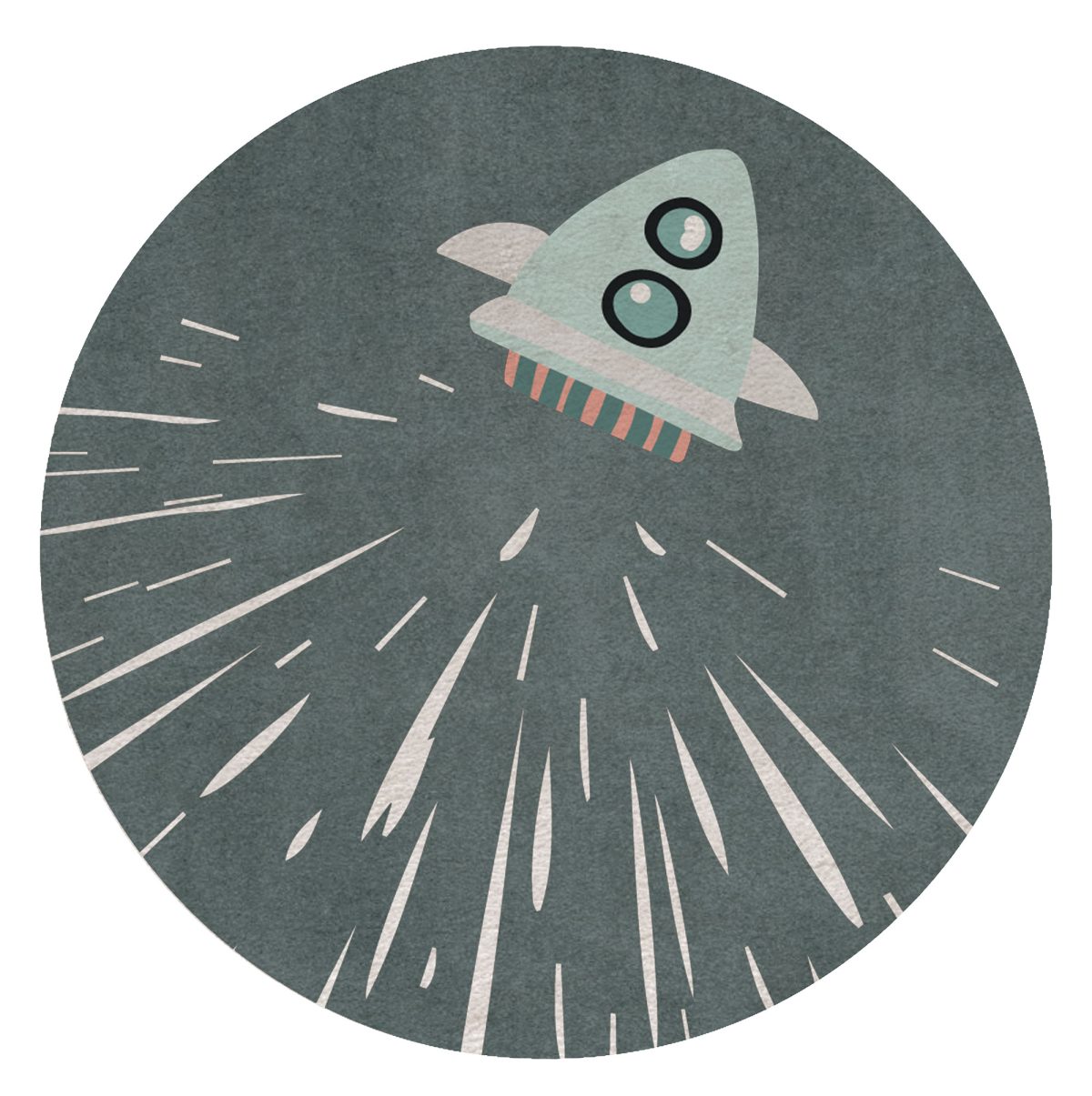 Embark into a space mission with the Thunder Rocket Round Rug!